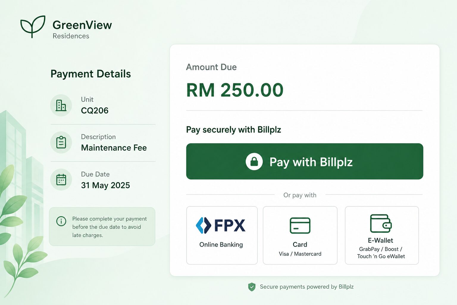 Pay maintenance fee with Billplz