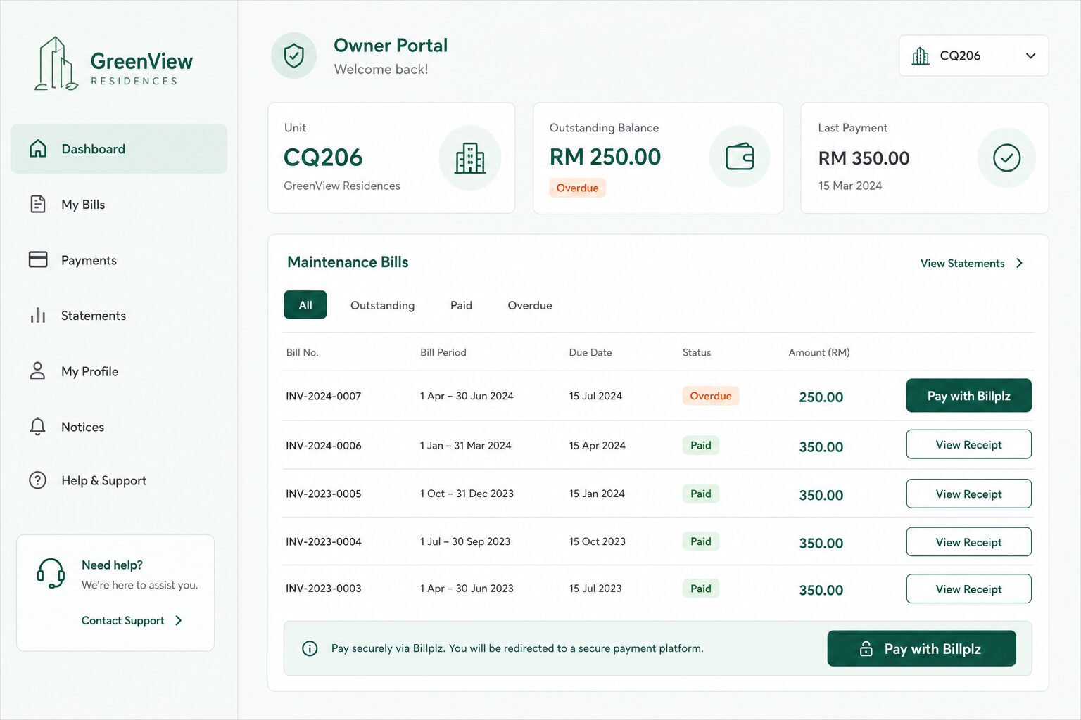 Owner portal showing outstanding bills